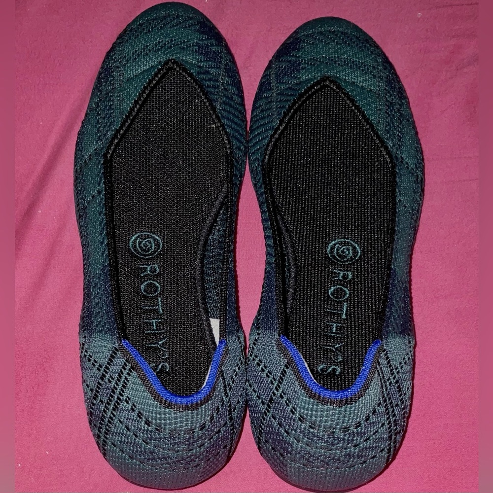 Rothy's teal plaid flats size 8.5,  tried on once, NWOB. PRICE DROP!